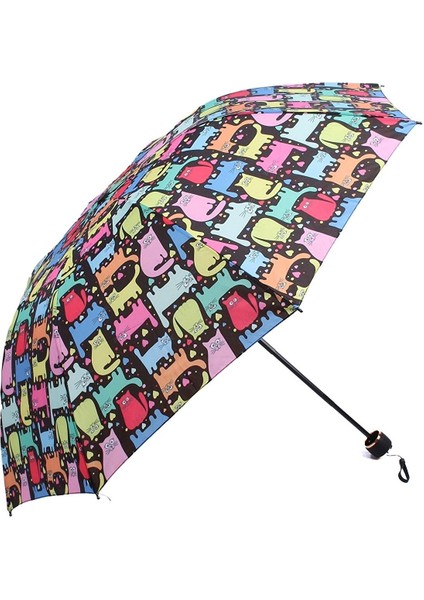Güneşavm Renkli Kedi Desenli 8 Telli Manuel Rüzgara Dayanıklı Şemsiye