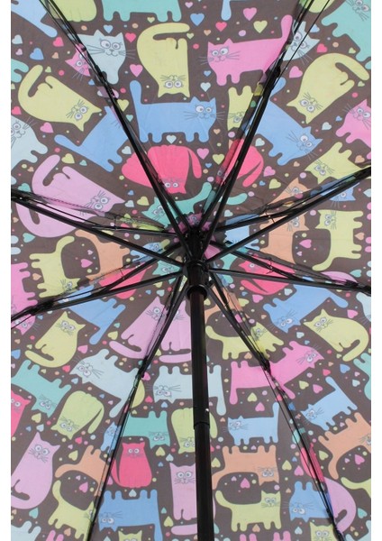 Güneşavm Renkli Kedi Desenli 8 Telli Manuel Rüzgara Dayanıklı Şemsiye modelleri