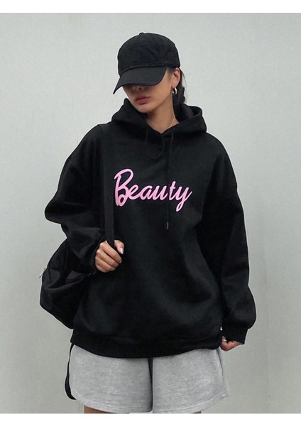 Kadın Siyah Beauty Baskılı Kapüşonlu Sweatshirt