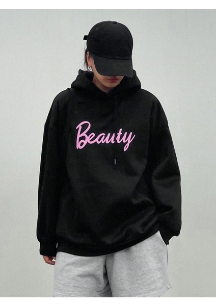 Kadın Siyah Beauty Baskılı Kapüşonlu Sweatshirt