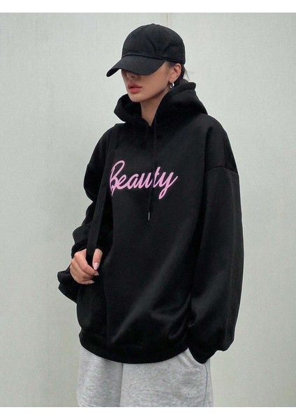 Kadın Siyah Beauty Baskılı Kapüşonlu Sweatshirt