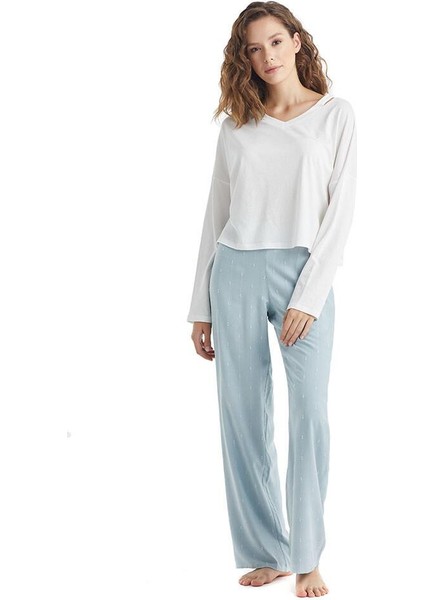 Kadın Uzun Kol Beyaz Pijama Takımı 51222