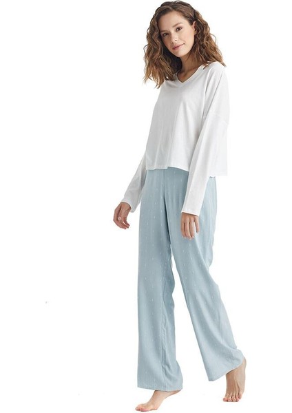 Kadın Uzun Kol Beyaz Pijama Takımı 51222