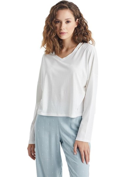 Kadın Uzun Kol Beyaz Pijama Takımı 51222