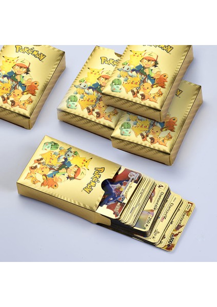 Mj Toys Pokemon Vmax Gold Card 55 Adet Altın Varaklı Kabartmalı Esnek Koleksiyon Pokemon Gold Kartı 55