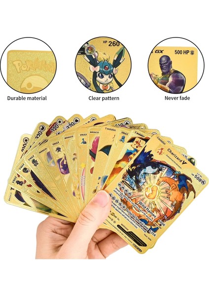 Mj Toys Pokemon Vmax Gold Card 55 Adet Altın Varaklı Kabartmalı Esnek Koleksiyon Pokemon Gold Kartı 55