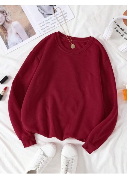 Kadın Bordo Düz Bisiklet Yaka Sweatshirt