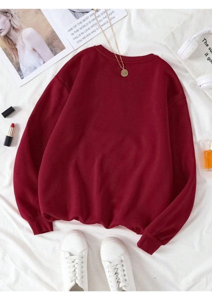 Kadın Bordo Düz Bisiklet Yaka Sweatshirt