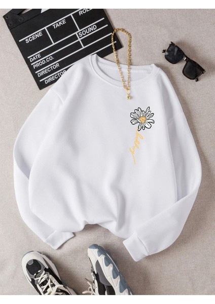 Kadın Beyaz Papatya Baskılı Bisiklet Yaka Sweatshirt