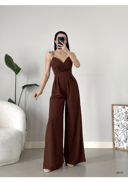Ithal Krep Kumaş Askılı Geniş Paça Tulum Elbise (Renkli)