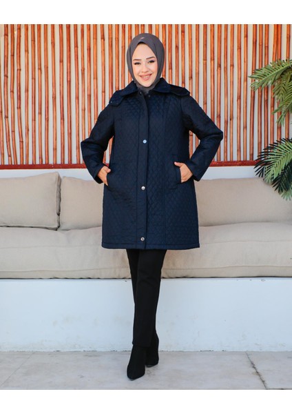 Kmkkombin Anne Kadın Büyük Beden Ince Baklava Desenli Fermuarlı Çıtçıtlı Içi Polarlı Kapitone Mont modelleri