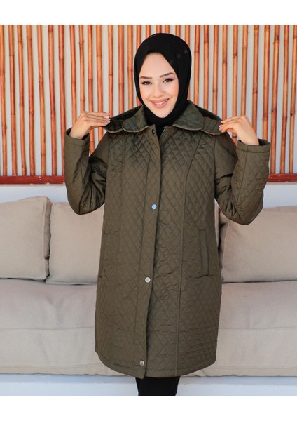 Kmkkombin Anne Kadın Büyük Beden Ince Baklava Desenli Fermuarlı Çıtçıtlı Içi Polarlı Kapitone Mont
