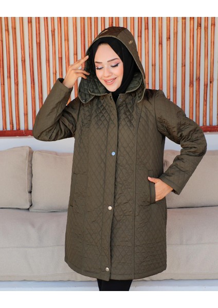 Kmkkombin Anne Kadın Büyük Beden Ince Baklava Desenli Fermuarlı Çıtçıtlı Içi Polarlı Kapitone Mont modelleri