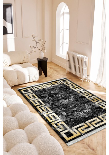 Roslyn Home Eskitme Gold Çizgili Desen Modern Yıkanabilir Kaymaz Taban  Süngerli Dot Taban Salon Halısı