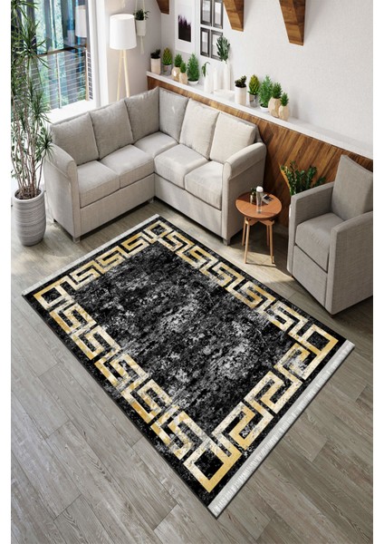 Roslyn Home Eskitme Gold Çizgili Desen Modern Yıkanabilir Kaymaz Taban  Süngerli Dot Taban Salon Halısı