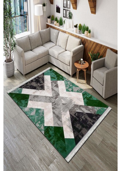 Roslyn Home Geometrik Modern Desen Yeşil Ince Yıkanabilir Dijital Baskı Mutfak Halısı Süngerli Dot Taban Kilim