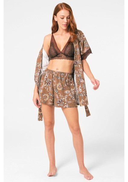 5799 Ip Askılı V Yaka Polyamid Elastan Çiçek Desenli Yazlık Örme Normal Bel Dantel Detaylı Pijama Takımı Sabahlık