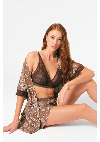 5799 Ip Askılı V Yaka Polyamid Elastan Çiçek Desenli Yazlık Örme Normal Bel Dantel Detaylı Pijama Takımı Sabahlık indirimleri