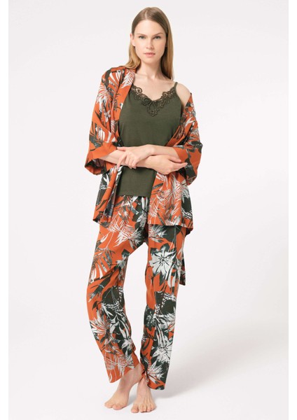 5795 Ip Askılı V Yaka Viskon Çiçek Desenli Kışlık Örme Normal Bel Nakış Detaylı Pijama Takımı Sabahlık