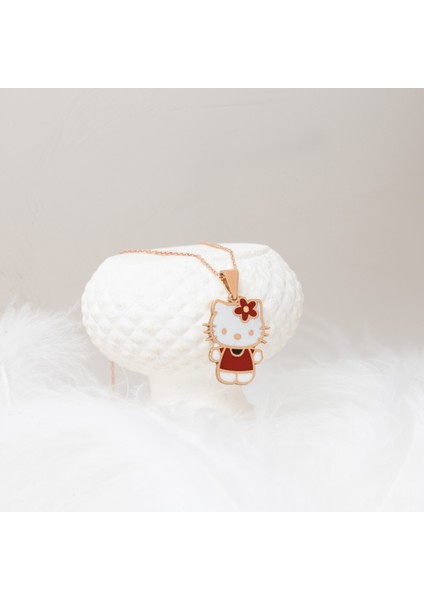 Hello Kitty Kırmızı Mine Taşlı Gümüş Kolye