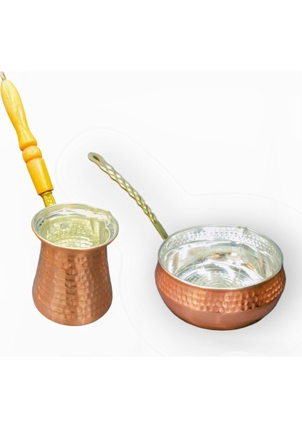 Bakır Çekiçli Derin Sosluk 14 cm ve 4 Kişilik Bakır Cezve