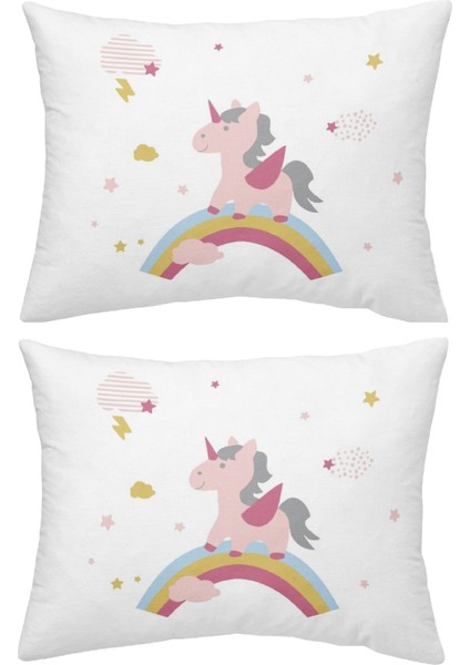 %100 Pamuklu Unicorn Atlar Gökkuşağı 2 Adet 50X70 Yastık Kılıfı