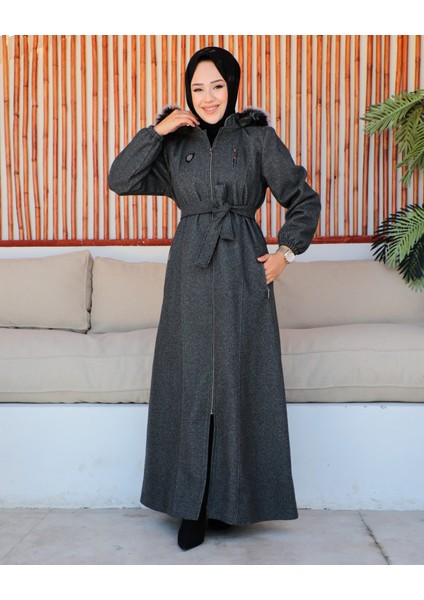 Kmkkombin Özaltay Tam Boy Kapşonlu Göğsü Süs Cepli Kuşaklı Kadın Büyük Beden Kaşe Kaban