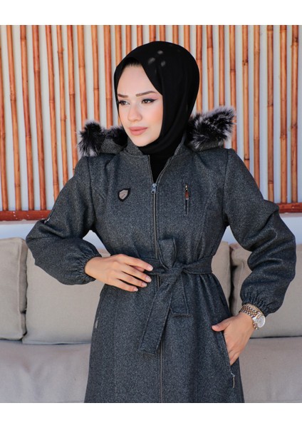 Kmkkombin Özaltay Tam Boy Kapşonlu Göğsü Süs Cepli Kuşaklı Kadın Büyük Beden Kaşe Kaban fırsatları