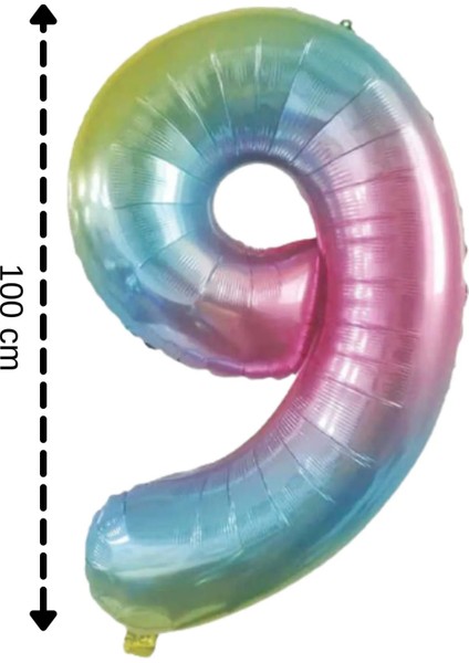 Gökkuşağı Renkli Folyo Balon 9 Rakamı Helyum Balon 100 cm