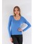Kadın Viskon Dekolte Yaka Slim Fit Tişört-Mavi 1