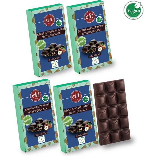 Elit Çikolata Fındıklı, Şeker İlavesiz, Vegan ve Prebiyotik Bitter Çikolata 60g 5'li Set (5x60g) Glutensiz