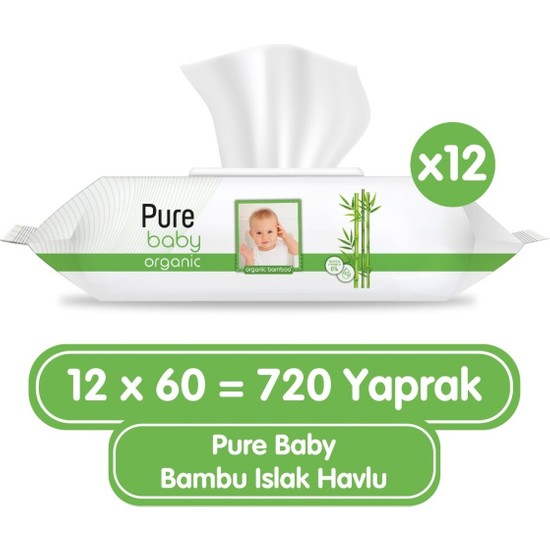 Pure Baby Organik Bambu Özlü Islak Havlu 12×60 (720 Yaprak)