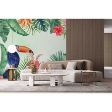 Lotus Aura Tukan Kuşlu Duvar Kağıdı, Tropikal Çiçekli Duvar Resmi, Tropikal Yapraklı Duvar Kağıdı