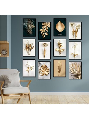 Trend Poster Trendposter 12'li Set Çerçeve Görünümlü Gold Yapraklar Mdf Tablo