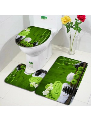 Masoffy 253ZY-3PCS Set 75X45CM-29.5X17.7IN Yeşil Bambu Zen Banyo Paspas Seti Orkide Lotus Masaj Taş Asya Spa Kapı Pedi Modern Banyo Dekor Kaymaz Halı Tuvalet Kapağı Mat (Yurt Dışından)