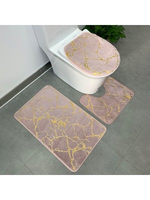 Masoffy Pembe 3 Adet Kabarık Sahte Kıllar Banyo Paspas Seti Yaldız Baskılı Banyo Halıları Tuvalet Çıtası Kaymaz Dikdörtgen Halı 50*80 U Şekli 50*40 cm (Yurt Dışından)