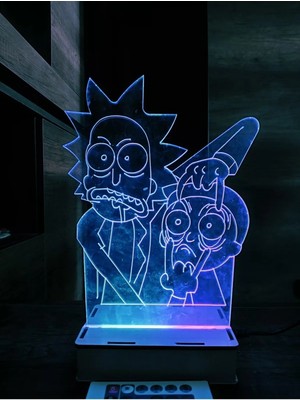 Deluxe Wood Rick And Morty 16 Renk Gece Lambası Masa Lambası Uzakdan Kumandalı Animasyonlu Çok Renkli