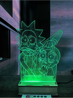 Deluxe Wood Rick And Morty 16 Renk Gece Lambası Masa Lambası Uzakdan Kumandalı Animasyonlu Çok Renkli