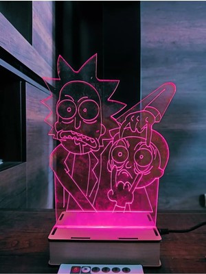 Deluxe Wood Rick And Morty 16 Renk Gece Lambası Masa Lambası Uzakdan Kumandalı Animasyonlu Çok Renkli