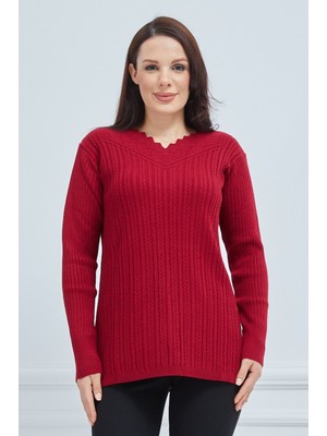 Fresh Moda  Fresh Moda Kadın Kırmızı Triko Esnek V Yaka Kışlık Anne Kazak