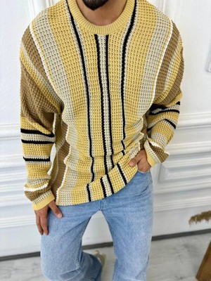 Elku Moda Kazak Oversize Renkli Örgü Desenli Naturel Pamuk Bol Kesim Salaş Triko Kazak