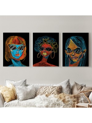 Lila Fil Renkli Pop Art Kadınlar Dekoratif Duvar Tablosu Üçlü SET-EU-120