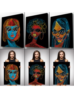 Lila Fil Renkli Pop Art Kadınlar Dekoratif Duvar Tablosu Üçlü SET-EU-120