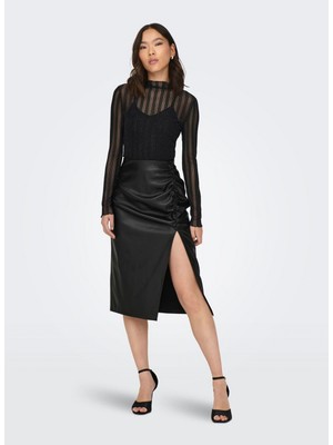 Only Normal Bel Siyah Kadın Düz Midi Etek Onlmıa Faux Leather Long Skırt Otw