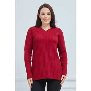 Fresh Moda  Fresh Moda Kadın Kırmızı Triko Esnek V Yaka Kışlık Anne Kazak