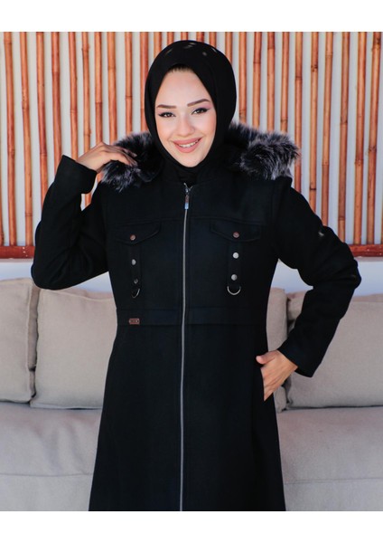 Kmkkombin Kadın Tam Boy Astarlı Kapşonlu Özaltay Kaşe Kaban