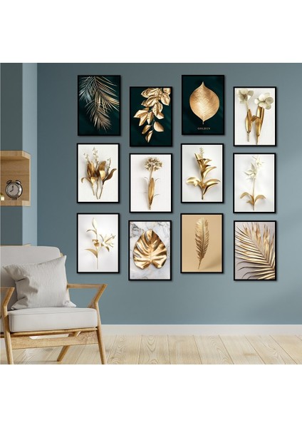 Trendposter 12'li Set Çerçeve Görünümlü Gold Yapraklar Mdf Tablo