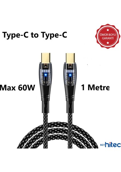 6A 60W Type-C To Type-C 1metre Hızlı Data ve Şarj Kablosu Siyah Ömür Boyu Garanti YK250S