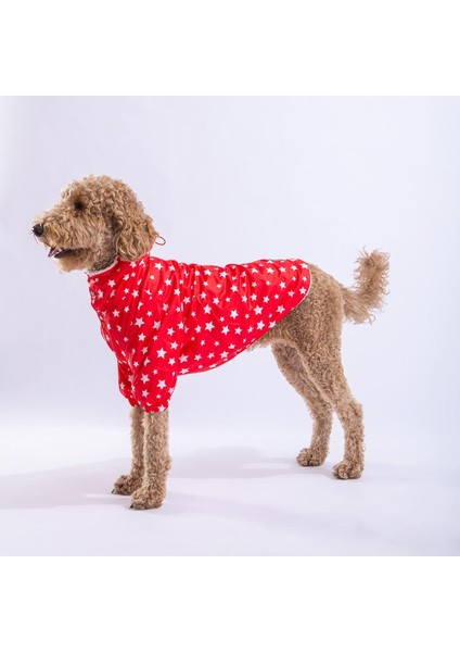 Stars Red Peluşlu Su Geçirmez Orta-Büyük Irk Köpek Yağmurluğu