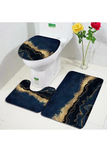 5239K-3PCS Set 45X75CM-17.7X29.5IN Soyut Mermer Banyo Paspas Setleri Modern Geometrik Altın Çizgiler Mavi Doku Desenli Banyo Dekor Halı Kaymaz Halılar Tuvalet Kapağı (Yurt Dışından)